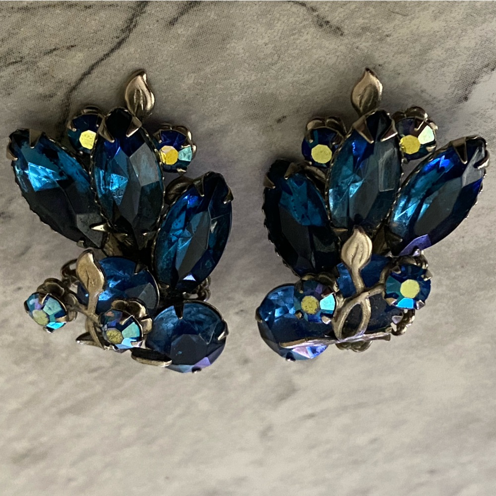 Royal Blue Crystal Cluster Clip-On Earrings - Unbranded
